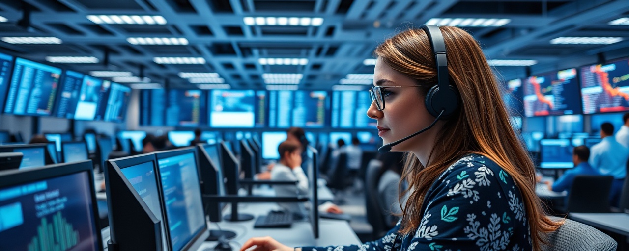 efficient contact support, attentive, assisting a customer, photorealistic, within a busy tech support center filled with customer service representatives, highly detailed, digital screens flickering with data, 4k resolution, blue and white color palette, overhead lighting, shot with a 50mm lens