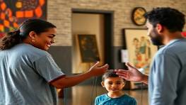 empowered community members, hopeful, harnessing multimedia tools, photorealistic, in a vibrant community center with art installations, highly detailed, dynamic interactions and collaboration, 8k resolution, rich and varied colors, bathed in warm natural light, shot with a 24mm lens.