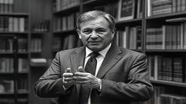 trusted journalist, composed, conducting a live interview, photorealistic, against a backdrop of historical archives and bookshelves, highly detailed, dynamic flow of information around, 8k resolution, classic black and white, softly lit atmosphere, shot with an 85mm lens.